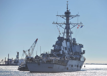 The USS Arleigh Burke (DDG-51) arrives in Charleston, South Carolina, Nov. 10, 2016. The destroyer was named for U.S. Navy Adm. Arleigh A. Burke who served in World War II, the Korean War and as the Chief of Naval Operations. The USS Arleigh Burke is the lead ship of that class of Aegis-equipped guided missile destroyers. 