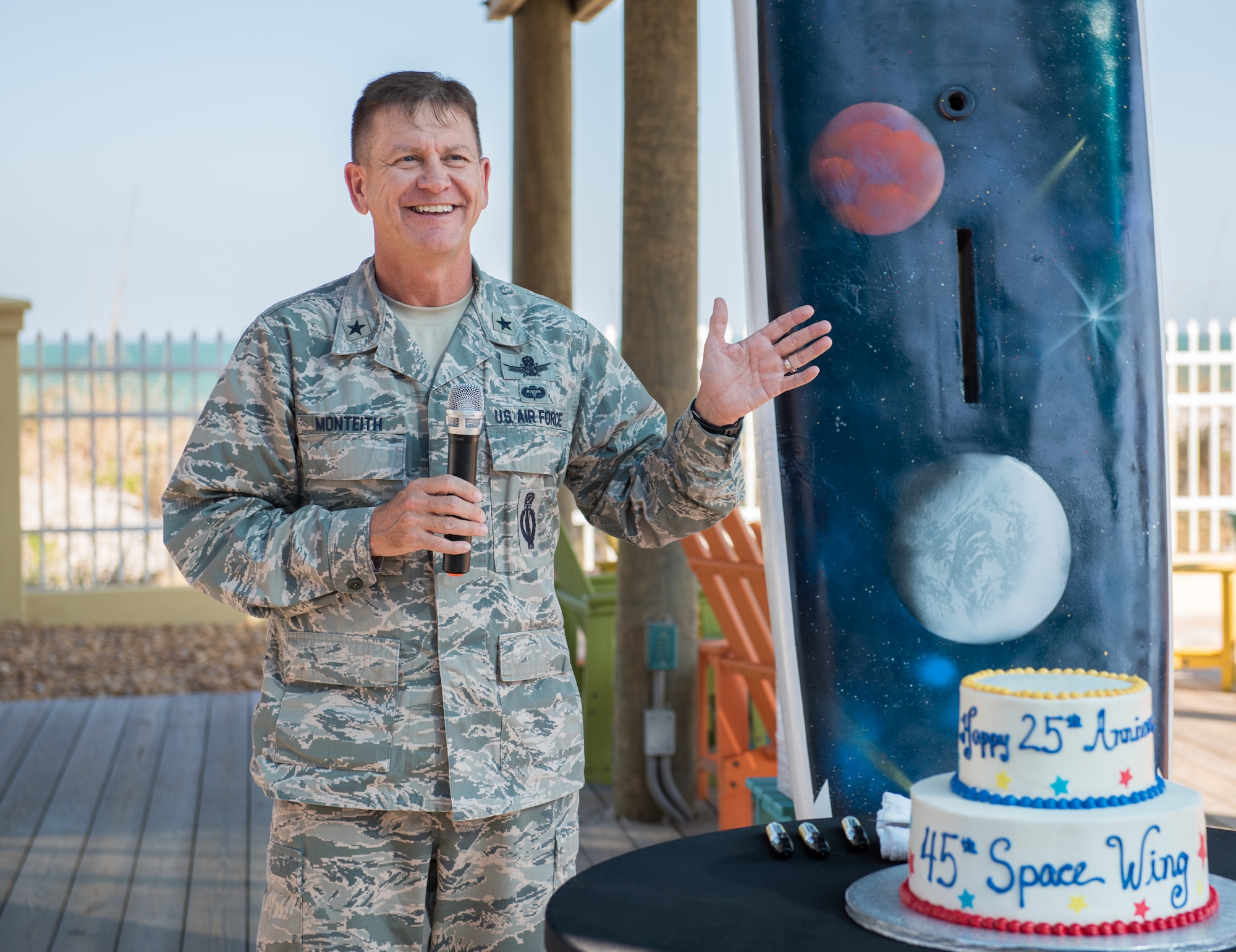 Brig. Gen. Wayne Monteith, 45th Space Wing commander, shares wing history with members at the 25th Anniversary Celebration Nov. 10, 2016, at the Beach House at Patrick Air Force Base, Fla. Since its activation in 1991, the wing has supported more than 550 launches from Cape Canaveral Air Force Station involving numerous space launch vehicles to include the Atlas II-Centaur, Atlas IIIA, Atlas V, Delta II, Delta III, Delta IV, Falcon 9, Space Shuttle and Titan IVB.  (U.S. Air Force photo by Matthew Jurgens)  