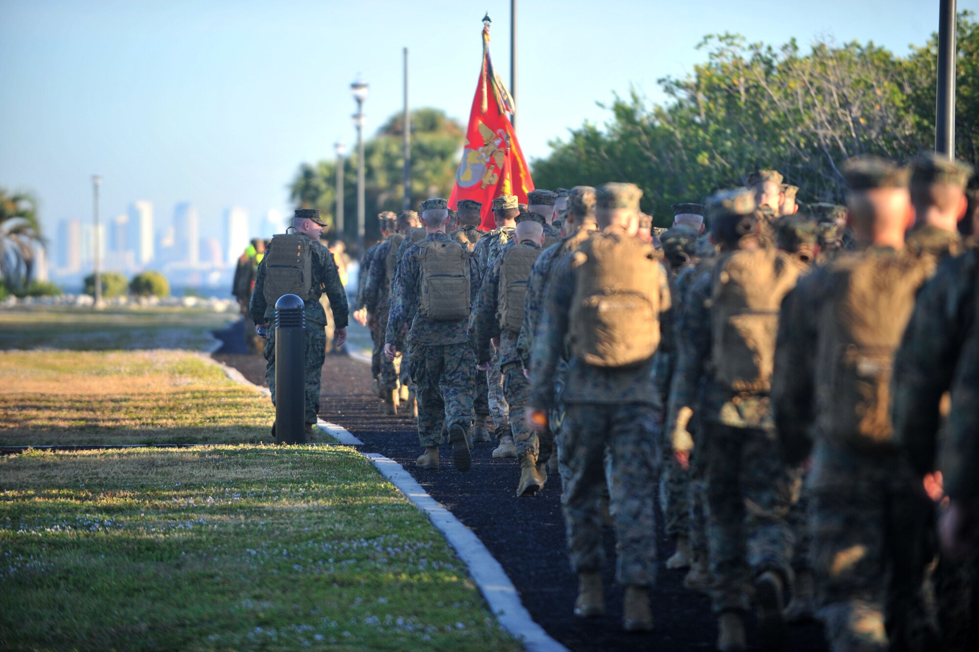 Marines assigned to the U.S. Marine Corps Forces Central Command march down Bayshore during their 12-mile hike at MacDill Air Force Base, Fla., Nov. 10, 2016. Marines marched 12 miles to honor their Marine Corps family during their 241st birthday. (U.S. Air Force Photo by Airman 1st Class Rito Smith)