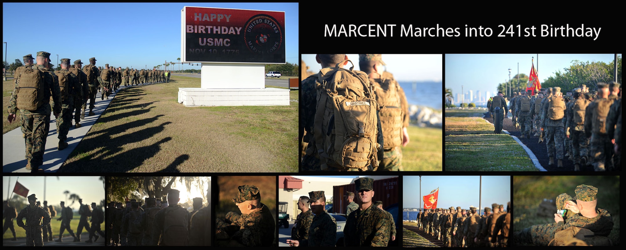 Marines assigned to the U.S. Marine Corps Forces Central Command celebrated their 241st birthday by participating in a 12-mile hike at MacDill Air Force Base, Fla., Nov. 10, 2016. These Marines hiked to build camaraderie, unit cohesion, and to honor the U.S. Marine Corp. (U.S. Air Force Photo by Airman 1st Class Rito Smith)

