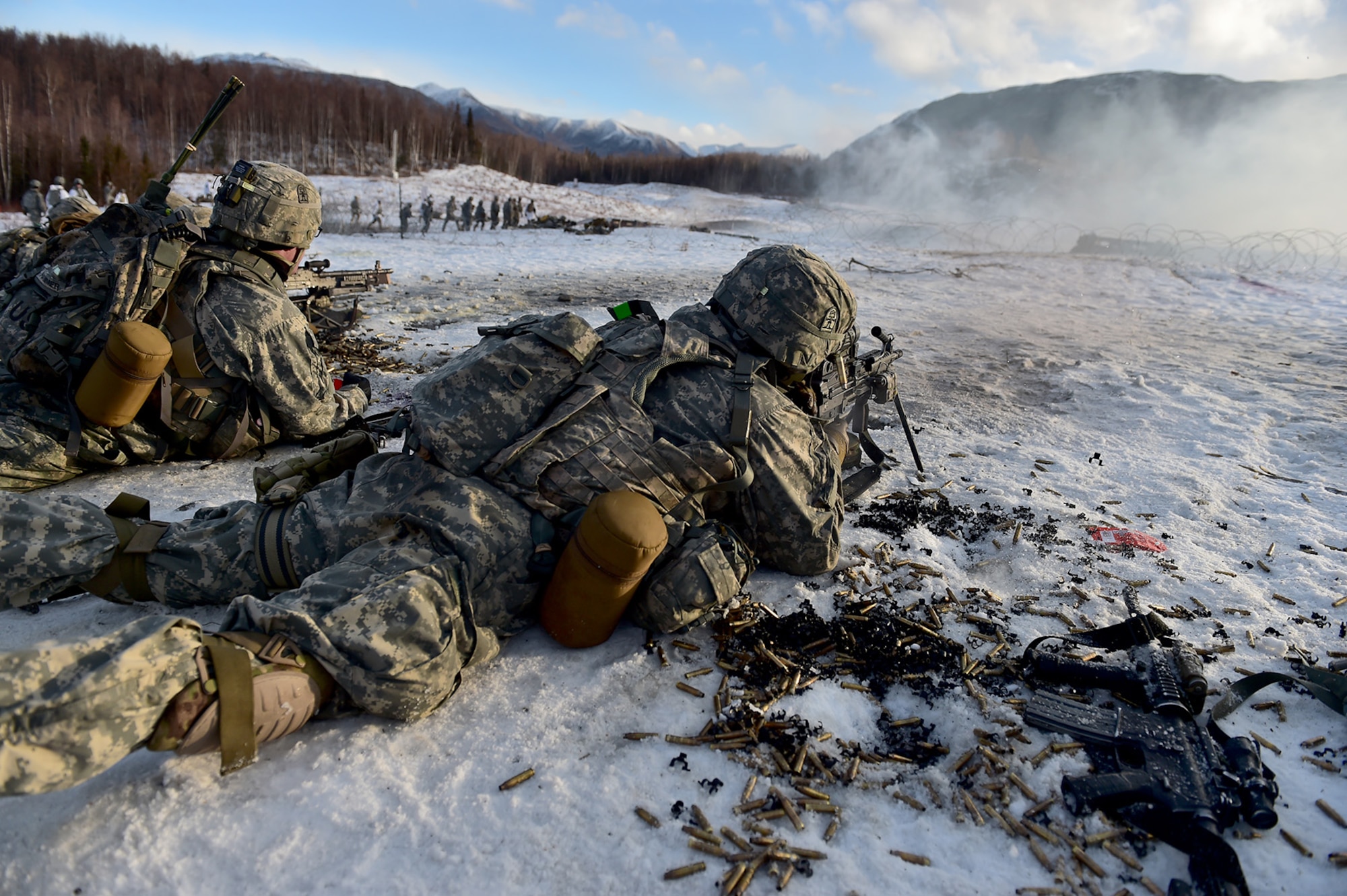 Paratroopers assigned to Baker Company, 3rd Battalion, 509th Parachute Infantry Regiment, 4th Infantry Brigade Combat Team (Airborne), 25th Infantry Division, U.S. Army Alaska, conduct live-fire and movement-to-contact operations on the Infantry Squad Battle Course at Joint Base Elmendorf-Richardson, Alaska, Nov. 8, 2016. The soldiers focused on core infantry skills such as fire team movement, communication, shifting fire, and once on the objective identifying and eliminating weapons caches and treating and evacuating casualties.  