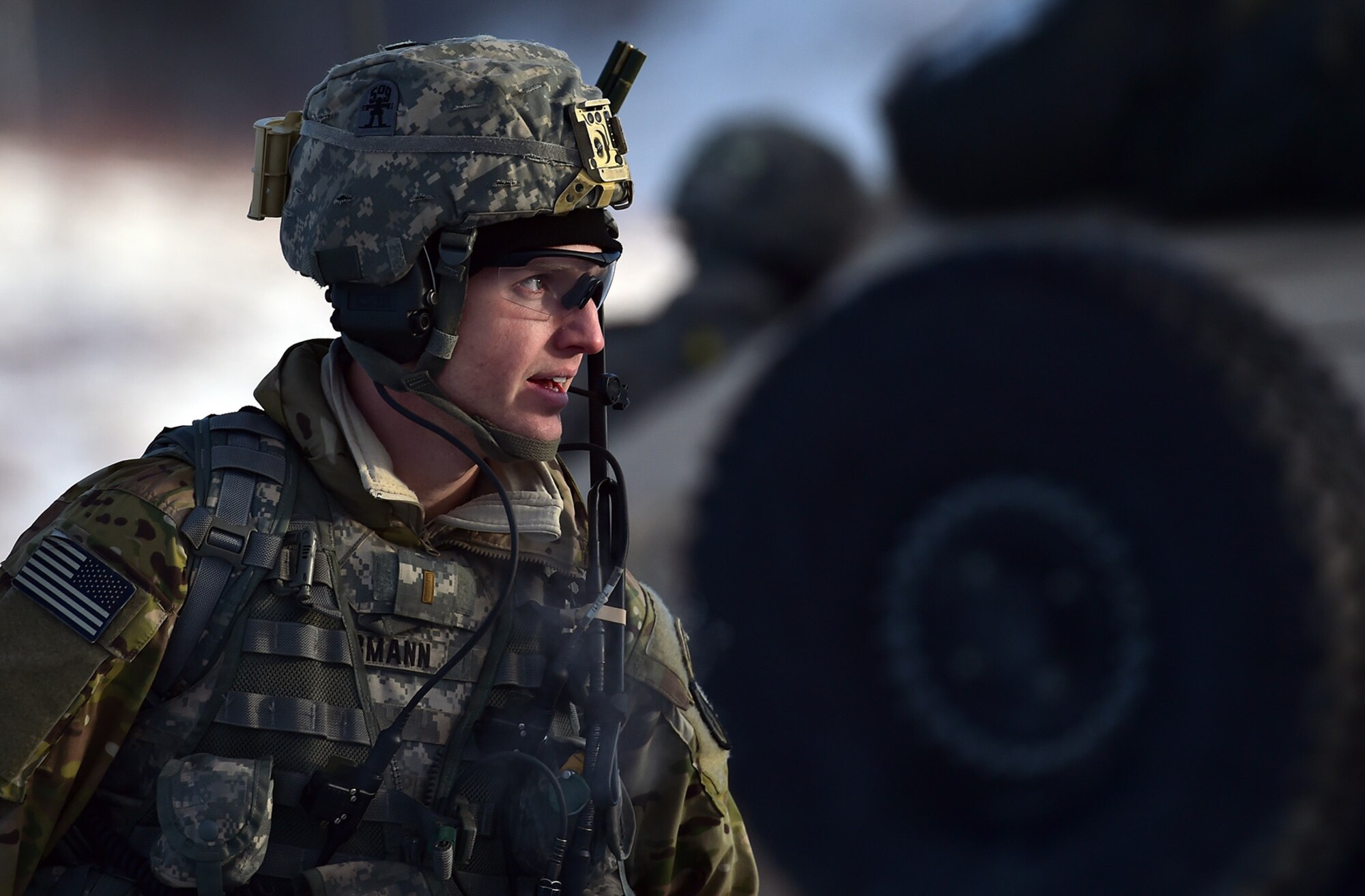 Army 2nd Lt. Andrew Biermann, assigned to Baker Company, 3rd Battalion, 509th Parachute Infantry Regiment, 4th Infantry Brigade Combat Team (Airborne), 25th Infantry Division, U.S. Army Alaska, watches his Soldiers conduct live-fire and movement-to-contact operations on the Infantry Squad Battle Course at Joint Base Elmendorf-Richardson, Alaska, Nov. 8, 2016. The soldiers focused on core infantry skills such as fire team movement, communication, shifting fire, and once on the objective identifying and eliminating weapons caches and treating and evacuating casualties. 