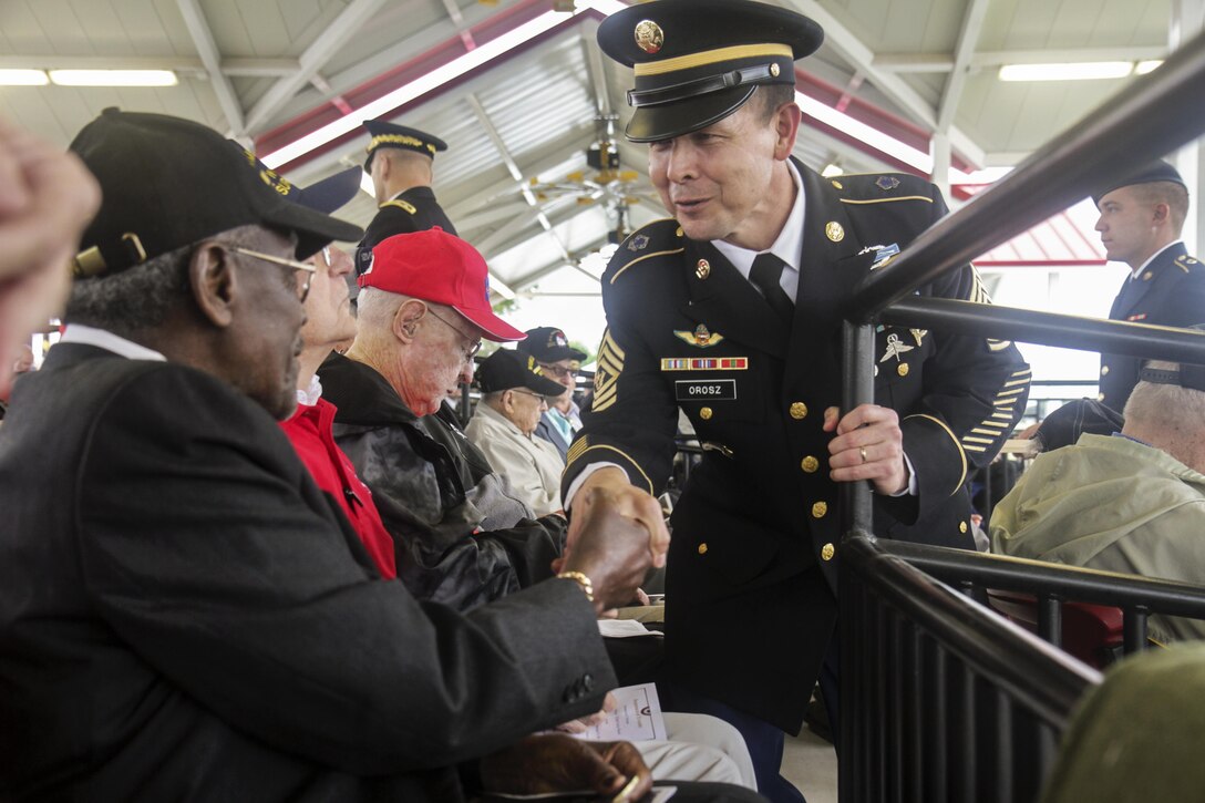 Sixteen World War II veterans attend a Veterans Celebration Ceremony at Fort Sam Houston in San Antonio, Nov. 9, 2016.The veterans received the Honorable Service Lapel Pin and an Army North commemorative coin. The pin recognizes U.S. service members discharged under honorable conditions during World War II. Army photo by Sgt. 1st Class Shelman Spencer