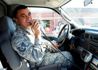 Tech. Sgt. Thomas M. Hannes, 92nd Medical Operations Squadron NCO in charge of ambulance services flight, demonstrates how to use the loudspeaker and driver controls of a base ambulance, Aug. 18, 2016, at Fairchild Air Force Base, Wash. Fairchild EMTs also maintain a precautionary presence at all base events and tenant unit training exercises. (U.S. Air Force photo/Airman 1st Class Ryan Lackey)
