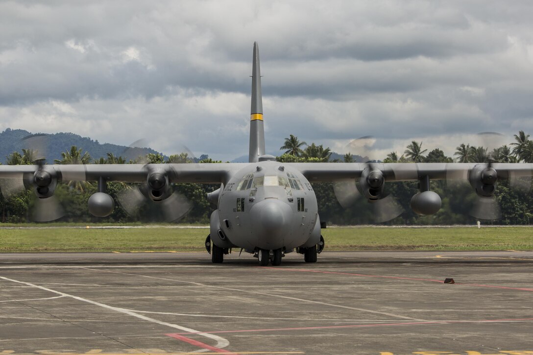A U.S. Air Force C-130H2 Hercules carrying cargo supporting U.S. Marines during exercise Cope West 17 taxis down the flight line upon arrival to Sam Ratulangi International Airport, Indonesia, Oct. 28, 2016. This fighter-focused, bilateral exercise between the U.S. Marine Corps and Indonesian Air Force is designed to enhance the readiness of combined interoperability between the two nations. (U.S. Marine Corps photo by Lance Cpl. Aaron Henson)
