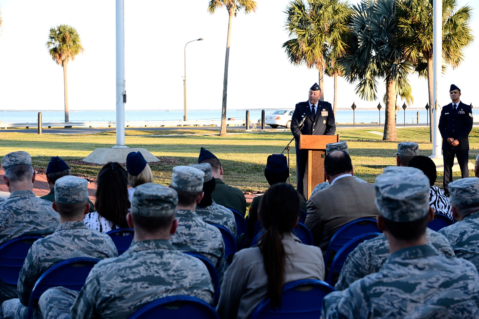 Col. Patrick Miller, commander of the 6th Mission Support Group, provides remarks during a Veterans Day Ceremony at MacDill Air Force Base, Fla., Nov. 10, 2016. On June 1, 1954, November 11 became a day to honor American veterans of all wars. (U.S. Air Force photo by Senior Airman Tori Schultz)
