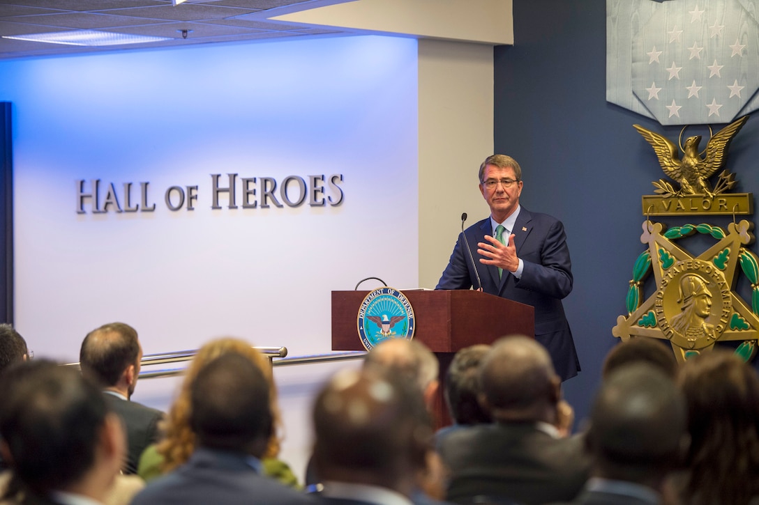 Defense Secretary Ash Carter speaks during a state diplomatic corps briefing at the Pentagon, Nov. 10, 2016. DoD photo by Air Force Tech. Sgt. Brigitte N. Brantley
