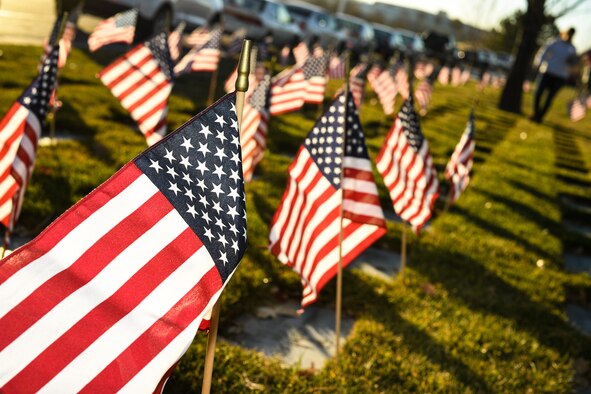 U.S. Flags are illuminated by morning light at the Utah Veterans Memorial Cemetery, Bluffdale, Utah, Nov. 10, 2016. The flags were placed by Airmen and family members from Hill Air Force Base in recognition of Veterans Day. (U.S. Air Force photo by R. Nial Bradshaw)