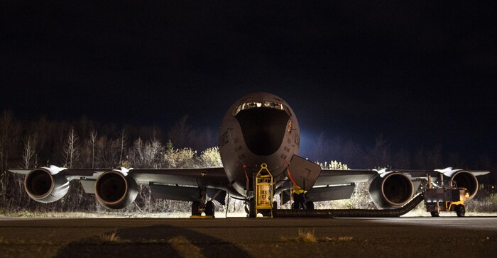 A U.S. Air Force KC-135 Stratotanker belonging to the 912th Air Refueling Squadron from March Air Force Base, Calif., waits for takeoff at Joint Base Elmendorf-Richardson, Alaska, to provide refueling capabilities to Royal Canadian Air Force CF-18s while both units participate in the Vigilant Shield 2017 Field Training Exercise 20 Oct., 2016, in the high arctic. 