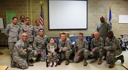 Five-year-old Mayra Salinas, center, poses with members of the 433rd Airlift Wing Rising 6, after being inducted into the group Nov. 5, 2016 at Joint Base San Antonio-Lackland, Texas. Salinas and her family spent the day with members of the Rising 6, visiting the Alamo Wing and getting an up-close look at the C-5M Super Galaxy. The Rising 6 is a private organization comprised of Airmen grades E-1 through E-6. (U.S. Air Force photo/Tech. Sgt. Carlos J. Treviño)