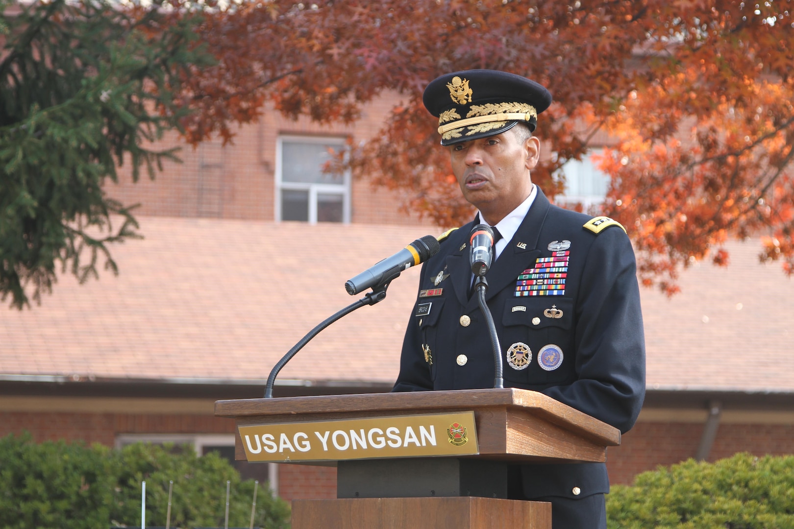 General Vincent K. Brooks, commander of United Nations Command, Combined Forces Command, and U.S. Forces Korea speaks during the Veterans Day ceremony at the Eighth Army War Memorial to commemorate war veterans who have served in the U.S. Armed Forces, Yongsan, Republic of Korea, Nov. 11, 2016.