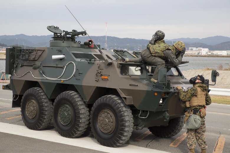 U.S. Marines and Japan Ground Self Defense Force members executed exercise Active Shield at Marine Corps Air Station Iwakuni, Japan, Nov. 10, 2016. Active Shield is an annual exercise designed to test the abilities of U.S. and Japanese forces to work alongside each other to protect and defend Marine Corps Air Station Iwakuni and other U.S. assets in the region. (U.S. Marine Corps photo by Lance Cpl. Joseph Abrego)