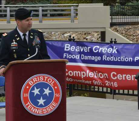 Lt. Col. Stephen Murphy, U.S. Army Corps of Engineers Nashville District commander, addresses guests during the celebration of the completion of the Beaver Creek Flood Damage Reduction Project in Bristol, Tenn., Nov. 9, 2016. 
 The U.S. Army Corps of Engineers Nashville District joined the cities of Bristol, Virginia and Tennessee along with the Tennessee Valley Authority to celebrate the completion of the Beaver Creek Flood Reduction Project during a ceremony today at Jerry Good pasture Plaza in Bristol, Tenn.   