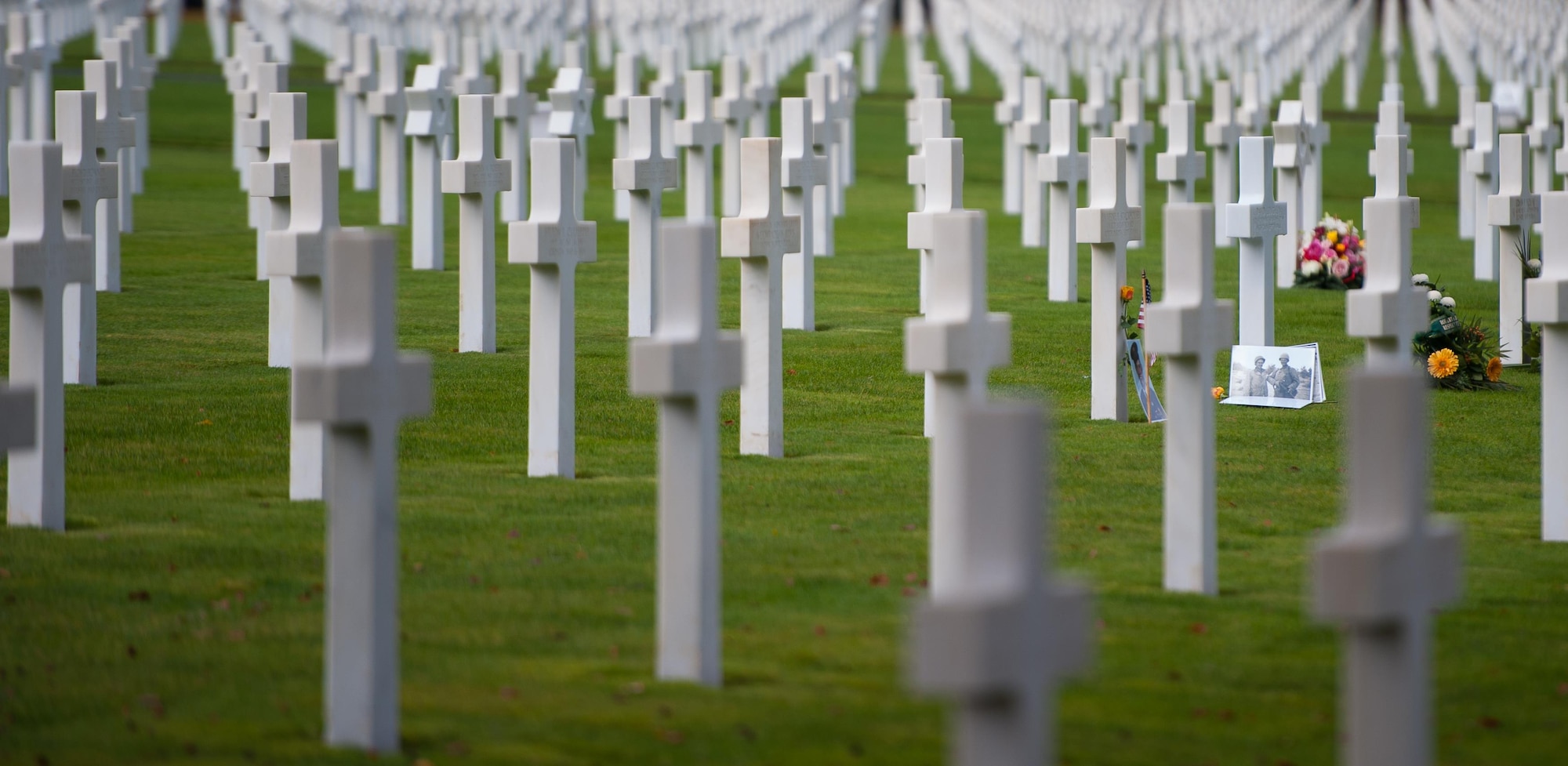 A picture of a deceased war veteran lays on his gravestone at the Lorraine American Cemetery Nov. 11, 2016, at St. Avold, France. Veteran’s Day is observed annually on November 11 and commemorates military veterans who currently serve or have served the U.S. armed forces, including those who gave the ultimate sacrifice. According to the DoD and Veterans Administration, since World War I, approximately 624,000 U.S. servicemembers have been killed in action battling in wars and conflicts. The Lorraine American Cemetery contains the buried remains of over 10,000 of them. It is the largest burial site of U.S. servicemembers in Europe. (U.S. Air Force photo by Airman 1st Class Lane T. Plummer)