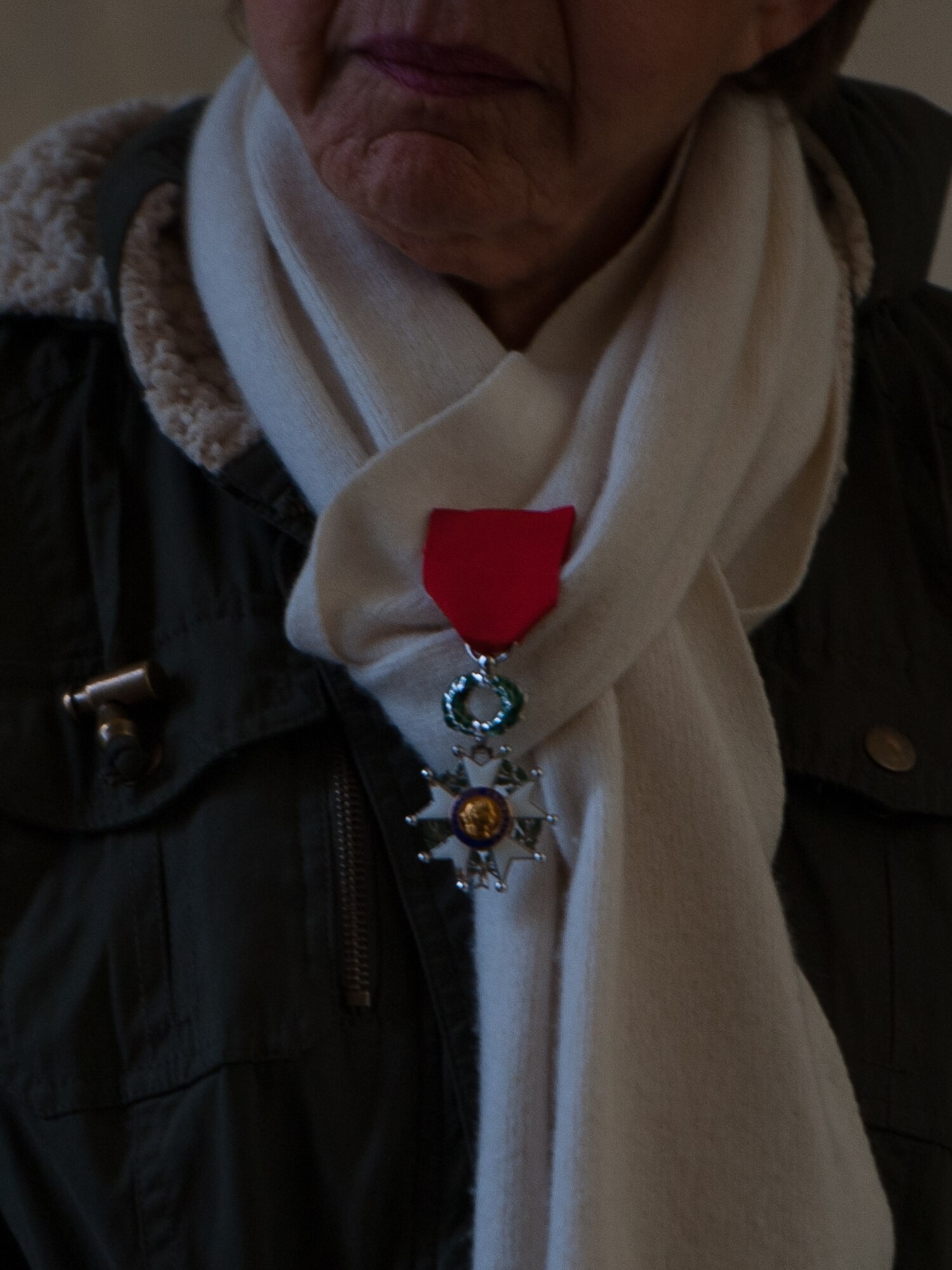 A woman awaits for the wreath laying ceremony to begin at the Lorraine American Cemetery to honor the deceased war veterans Nov. 11, 2016, at St. Avold, France. Pinned to her scarf is her deceased husband’s Legion of Merit medal, awarded to U.S. servicemembers for exceptionally meritorious conduct in the performance of outstanding services and achievements. Veteran’s Day is observed annually on November 11 and commemorates military veterans who currently serve or have served the U.S. armed forces, including those who gave the ultimate sacrifice. According to the DoD and Veterans Administration, since World War I, approximately 624,000 U.S. servicemembers have been killed in action battling in wars and conflicts. The Lorraine American Cemetery contains the buried remains of over 10,000 of them. It is the largest burial site of U.S. servicemembers in Europe. (U.S. Air Force photo by Airman 1st Class Lane T. Plummer)