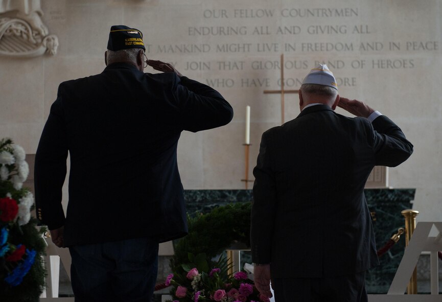 Two war veterans salute the wreaths laid to honor the fallen war veterans at Lorraine American Cemetery Nov. 11, 2016, at St. Avold, France. Veteran’s Day is observed annually on November 11 and commemorates military veterans who currently serve or have served the U.S. armed forces, including those who gave the ultimate sacrifice. According to the DoD and Veterans Administration, since World War I, approximately 624,000 U.S. servicemembers have been killed in action battling in wars and conflicts. The Lorraine American Cemetery contains the buried remains of over 10,000 of them. It is the largest burial site of U.S. servicemembers in Europe. (U.S. Air Force photo by Airman 1st Class Lane T. Plummer)