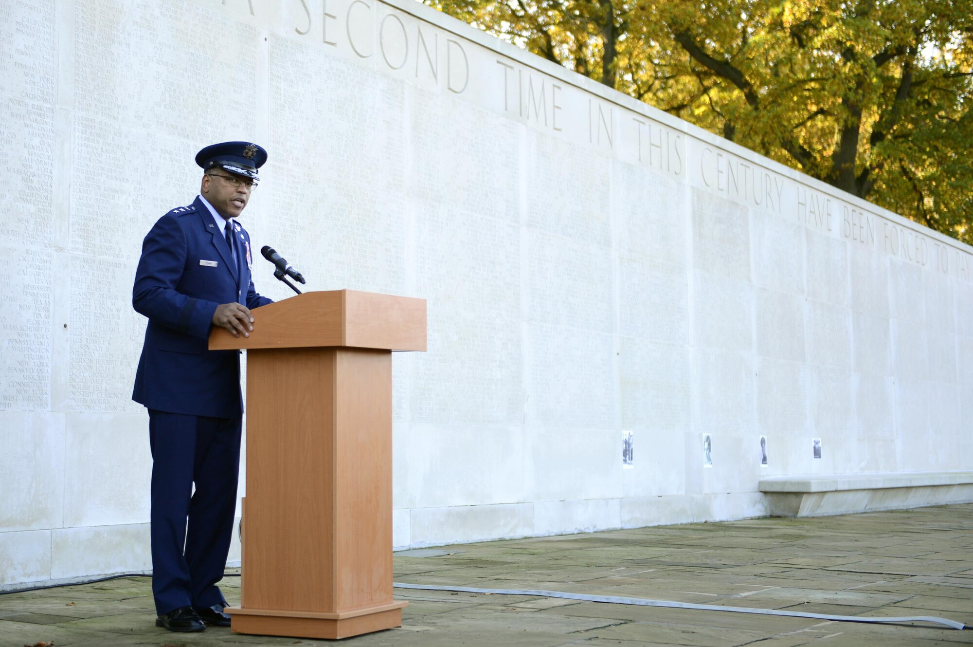 U.S. Air Force Lt. Gen. Richard Clark, 3rd Air Force commander, gives words of remembrance during a Veterans Day ceremony at the Cambridge American Cemetery in Cambridge, England, Nov. 11. Clark placed a wreath at the Tablets of the Missing in honor of the men and women who have sacrificed their lives in serviceto the United States. (U.S. Air Force photo/Senior Airman Malcolm Mayfield) 