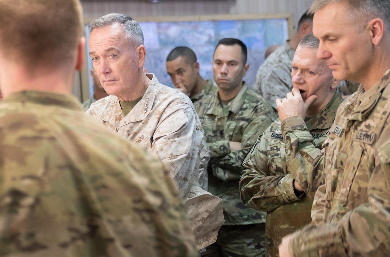 Marine Corps Gen. Joe Dunford, chairman of the Joint Chiefs of Staff, talks with military leaders in Irbil, Iraq, Nov. 9, 2016. DoD photo by D. Myles Cullen