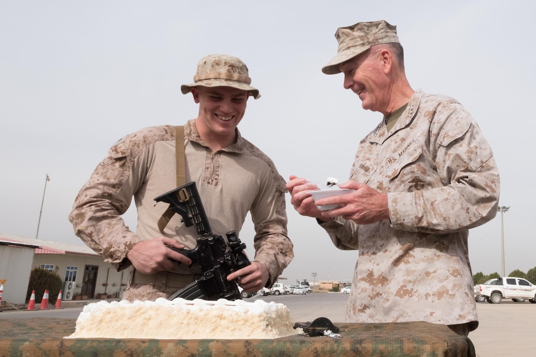 Marine Corps Gen. Joe Dunford, chairman of the Joint Chiefs of Staff, celebrates the Marine Corps' 241st birthday with Marines in Irbil, Iraq, Nov. 10, 2016. DoD photo by D. Myles Cullen