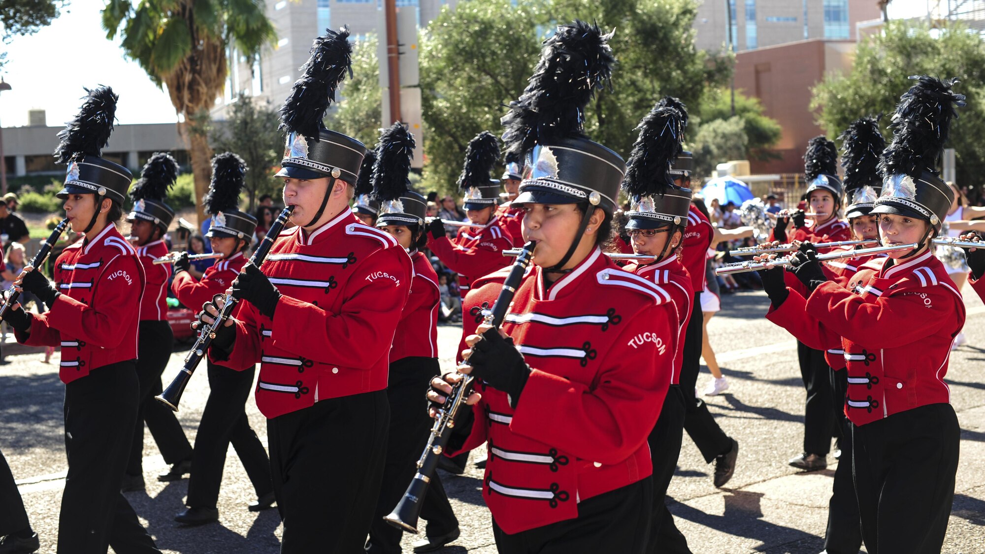 The Tucson High School Band marches in the Tucson Veterans Day Parade in Tucson, Ariz., Nov. 11, 2016. The parade is an annual event that honors U.S. service members past and present. (U.S. Air Force photo by Airman Nathan H. Barbour)