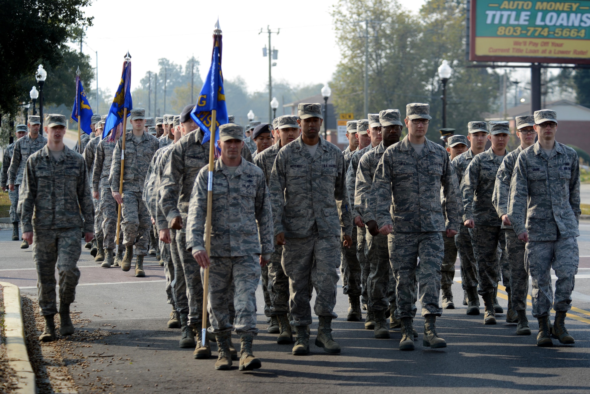 U.S. Airmen assigned to the 20th Fighter Wing march in formation during a Veterans Day parade, Sumter, S.C., Nov. 11, 2016. This year’s parade was the second held in Sumter since 1987. (U.S. Air Force photo by Airman 1st Class Kelsey Tucker)