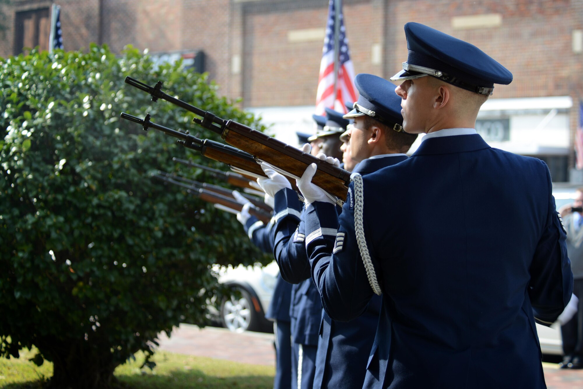 Members of the 20th Force Support Squadron Honor Guard fire a 3-volley rifle salute during a Veterans Day ceremony, Sumter, S.C., Nov. 11, 2016. The 3-volley rifle salute, often confused with the 21-gun salute, is a traditional act performed at military ceremonies and funerals. (U.S. Air Force photo by Airman 1st Class Kelsey Tucker)