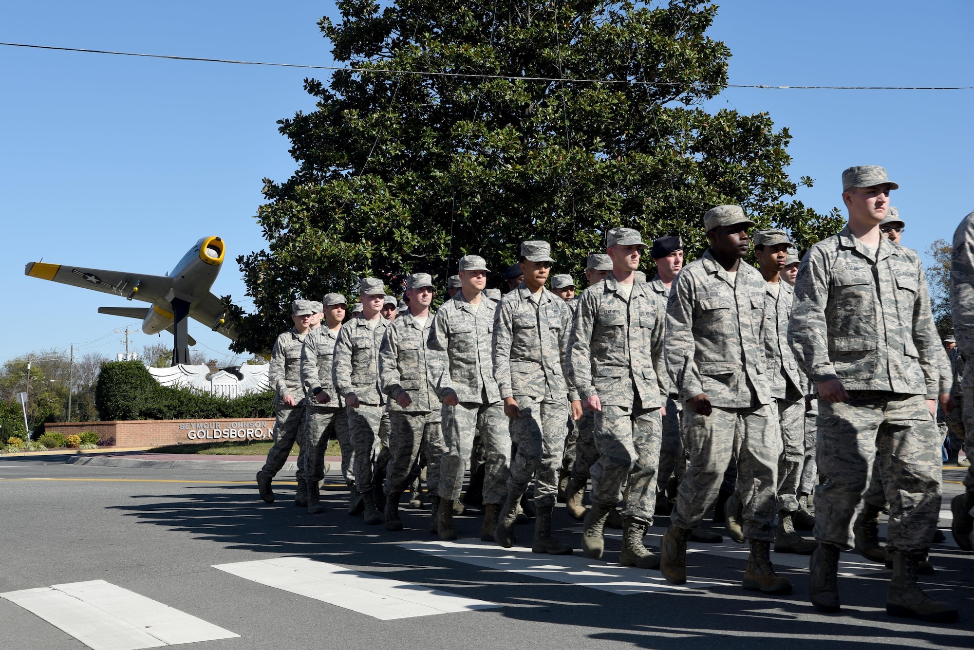 Team Seymour Airmen march in formation during the Wayne County Veterans Day parade, Nov. 11, 2016, in Goldsboro, North Carolina. An estimated 8,000 people attended the annual parade which featured a formation of more than 220 Airmen marching through the streets. (U.S. Air Force photo by Airman 1st Class Kenneth Boyton)