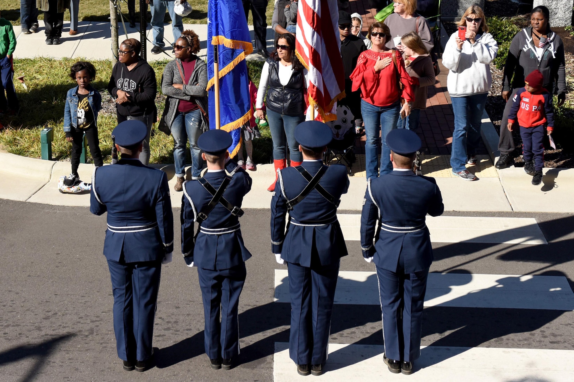 The annual Wayne County Veterans Day parade kicked off, Nov. 11, 2016, in Downtown Goldsboro, North Carolina to honor all who have served our country, past and present. More than 220 Airman from Seymour Johnson Air Force Base, North Carolina marched in the parade attended by about 8,000 people. (U.S. Air Force photo by Airman Miranda A. Loera)