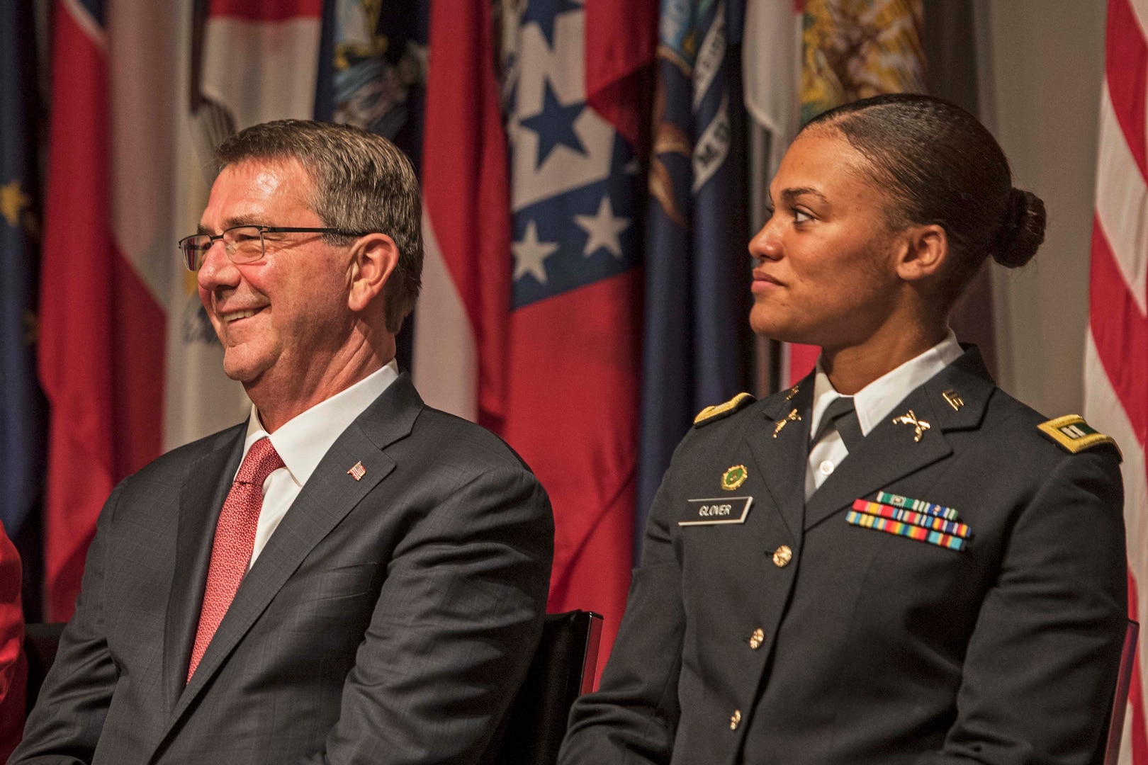 Defense Secretary Ash Carter reacts to a light moment during the 19th annual Veterans Day ceremony at the Women in Military Service for America Memorial at Arlington National Cemetery in Arlington, Va., Nov. 11, 2016. DoD photo by Air Force Tech. Sgt. Brigitte N. Brantley