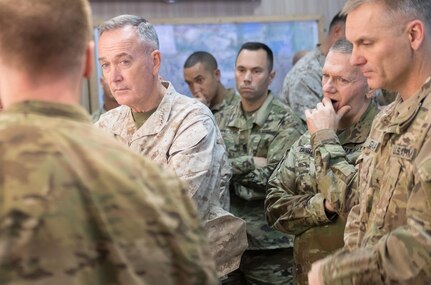 Marine Corps Gen. Joe Dunford, chairman of the Joint Chiefs of Staff, talks with military leaders in Irbil, Iraq, Nov. 9, 2016. DoD photo by D. Myles Cullen
