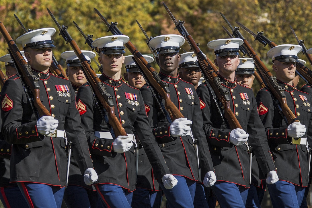 Marines conduct a pass in review during a wreath-laying ceremony at the Marine Corps War Memorial in Arlington, Va., Nov. 10, 2016, to mark the service's 241th birthday. The Marines are assigned to Marine Barracks Washington. Marine Corps photo by Cpl. Samantha K. Braun