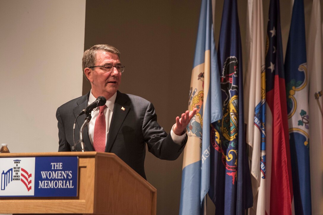 Defense Secretary Ash Carter speaks at the 19th annual Veterans Day ceremony at the Women in Military Service for America Memorial at Arlington National Cemetery in Arlington, Va., Nov. 11, 2016. DoD photo by Air Force Tech. Sgt. Brigitte N. Brantley