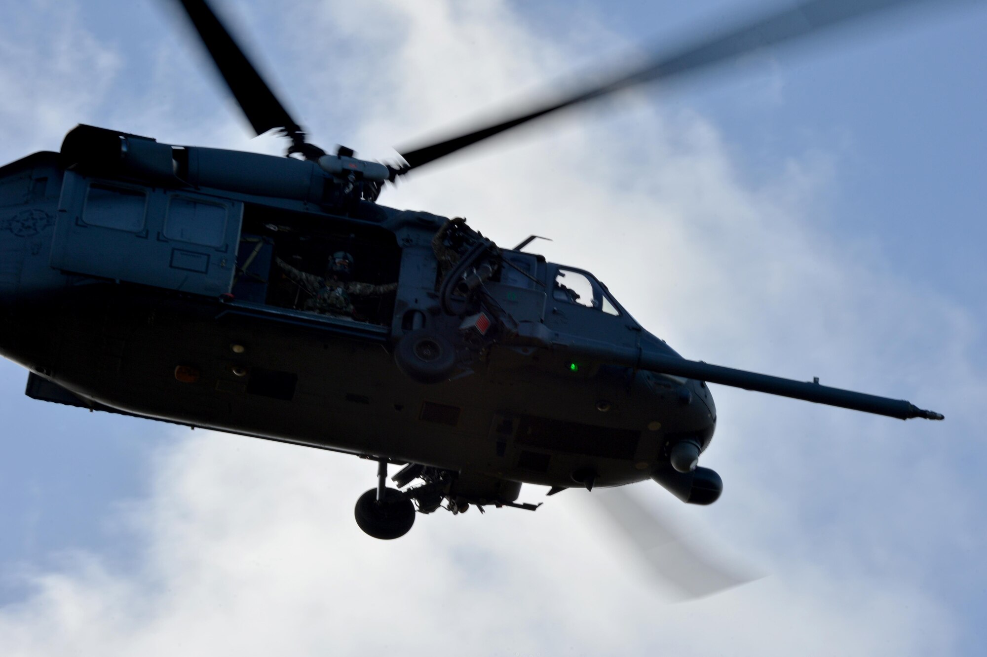 A U.S. Air Force HH-60G Pave Hawk assigned to the 56th Rescue Squadron at Royal Air Force Lakenheath, England, participates in a training mission Nov. 9 during Exercise Salamander at Cazaux Air Force Base, France. The exercise in an opportunity for U.S. Air Force HH-60G aircrew, Guardian Angel teams and maintenance Airmen to hone their skills in a dynamic environment with their French air force counterparts. (U.S. Air Force photo/Master Sgt. Eric Burks)