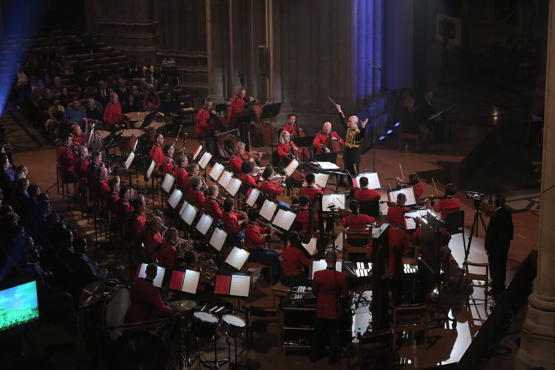 On Nov. 11, 2016, the Marine Chamber Orchestra and the Cathedral Choir performed for the National Veterans Day Concert at the Washington National Cathedral in Washington, D.C. The program included the Battle Hymn of the Republic, Fanfare for Common Man, Amazing Grace, and Taps. In addition to the music, the program featured actors reading letters aloud from veterans to their families, ranging from the American Revolution to the War in Afghanistan. (U.S. Marine Corps photo by Master Sgt. Amanda Simmons/released).