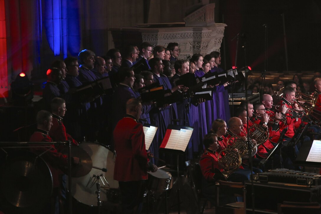 On Nov. 11, 2016, the Marine Chamber Orchestra and the Cathedral Choir performed for the National Veterans Day Concert at the Washington National Cathedral in Washington, D.C. The program included the Battle Hymn of the Republic, Fanfare for Common Man, Amazing Grace, and Taps. In addition to the music, the program featured actors reading letters aloud from veterans to their families, ranging from the American Revolution to the War in Afghanistan. (U.S. Marine Corps photo by Master Sgt. Amanda Simmons/released).