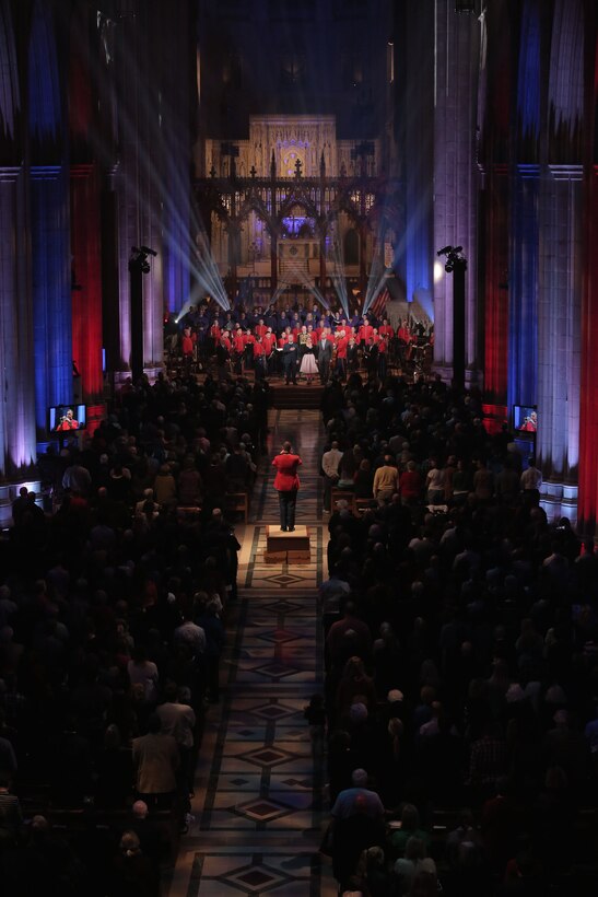 On Nov. 11, 2016, the Marine Chamber Orchestra and the Cathedral Choir performed for the National Veterans Day Concert at the Washington National Cathedral in Washington, D.C. The program included the Battle Hymn of the Republic, Fanfare for Common Man, Amazing Grace, and Taps. In addition to the music, the program featured actors reading letters aloud from veterans to their families, ranging from the American Revolution to the War in Afghanistan. (U.S. Marine Corps photo by Master Sgt. Amanda Simmons/released).