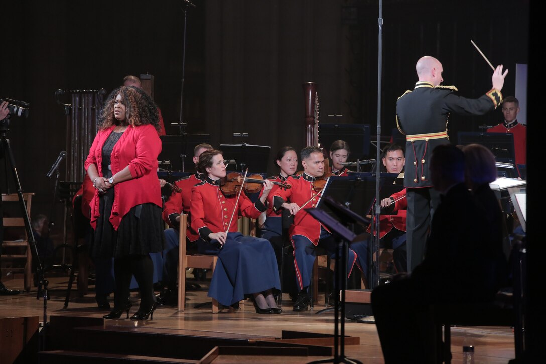 On Nov. 11, 2016, the Marine Chamber Orchestra and the Cathedral Choir performed for the National Veterans Day Concert at the Washington National Cathedral in Washington, D.C. The program included the Battle Hymn of the Republic, Fanfare for Common Man, Amazing Grace, and Taps. In addition to the music, the program featured actors reading letters aloud from veterans to their families, ranging from the American Revolution to the War in Afghanistan. (U.S. Marine Corps photo by Master Sgt. Amanda Simmons/released).
