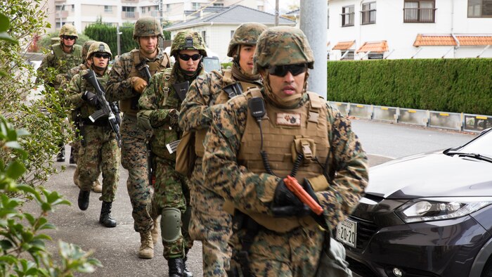U.S. Marines and Japan Ground Self-Defense Force members executed exercise Active Shield at Marine Corps Air Station Iwakuni, Japan, Nov. 10, 2016. Active Shield is an annual exercise designed to test the abilities of U.S. and Japanese forces to work alongside each other to protect and defend Marine Corps Air Station Iwakuni and other U.S. assets in the region.
