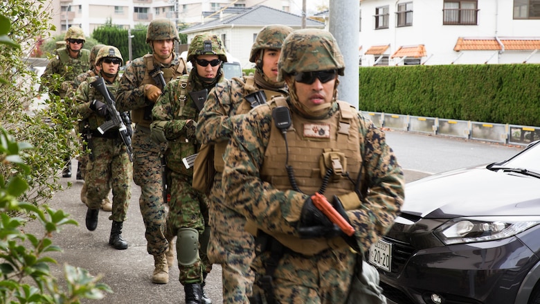 U.S. Marines and Japan Ground Self-Defense Force members executed exercise Active Shield at Marine Corps Air Station Iwakuni, Japan, Nov. 10, 2016. Active Shield is an annual exercise designed to test the abilities of U.S. and Japanese forces to work alongside each other to protect and defend Marine Corps Air Station Iwakuni and other U.S. assets in the region.