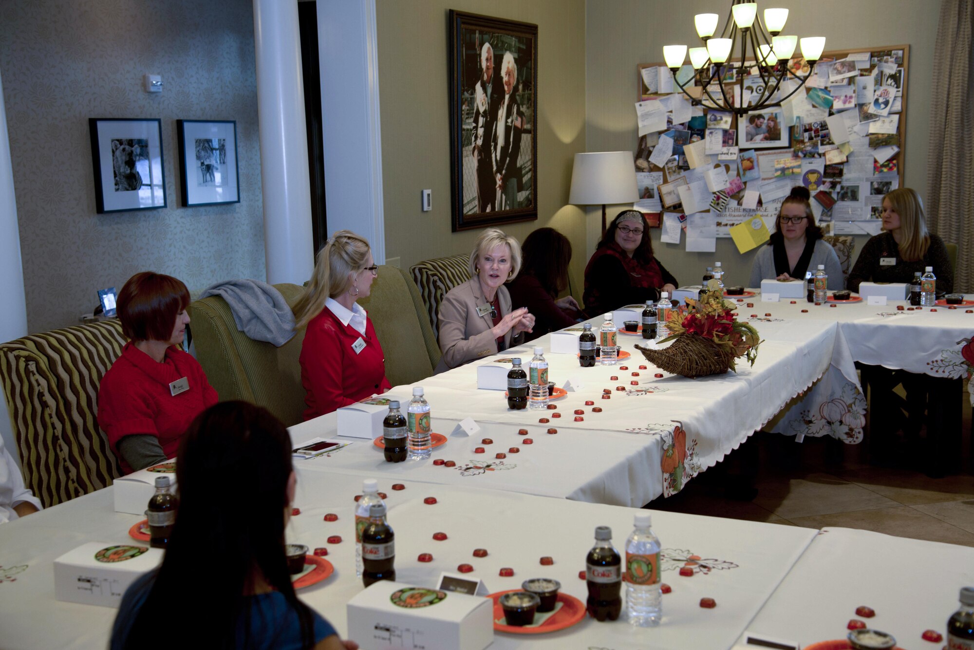 Dawn Goldfein, center, addresses members of the Joint Base Elmendorf-Richardson Key Spouse Program during a luncheon held at JBER, Alaska, Nov. 10, 2016. The Key Spouse Program is an official unit/family program designed to enhance readiness and establish a sense of Air Force community. Mrs. Goldfein was at JBER while accompanying her husband, Air Force Chief of Staff Gen. David L. Goldfein, as he toured various Pacific Air Forces installations. 