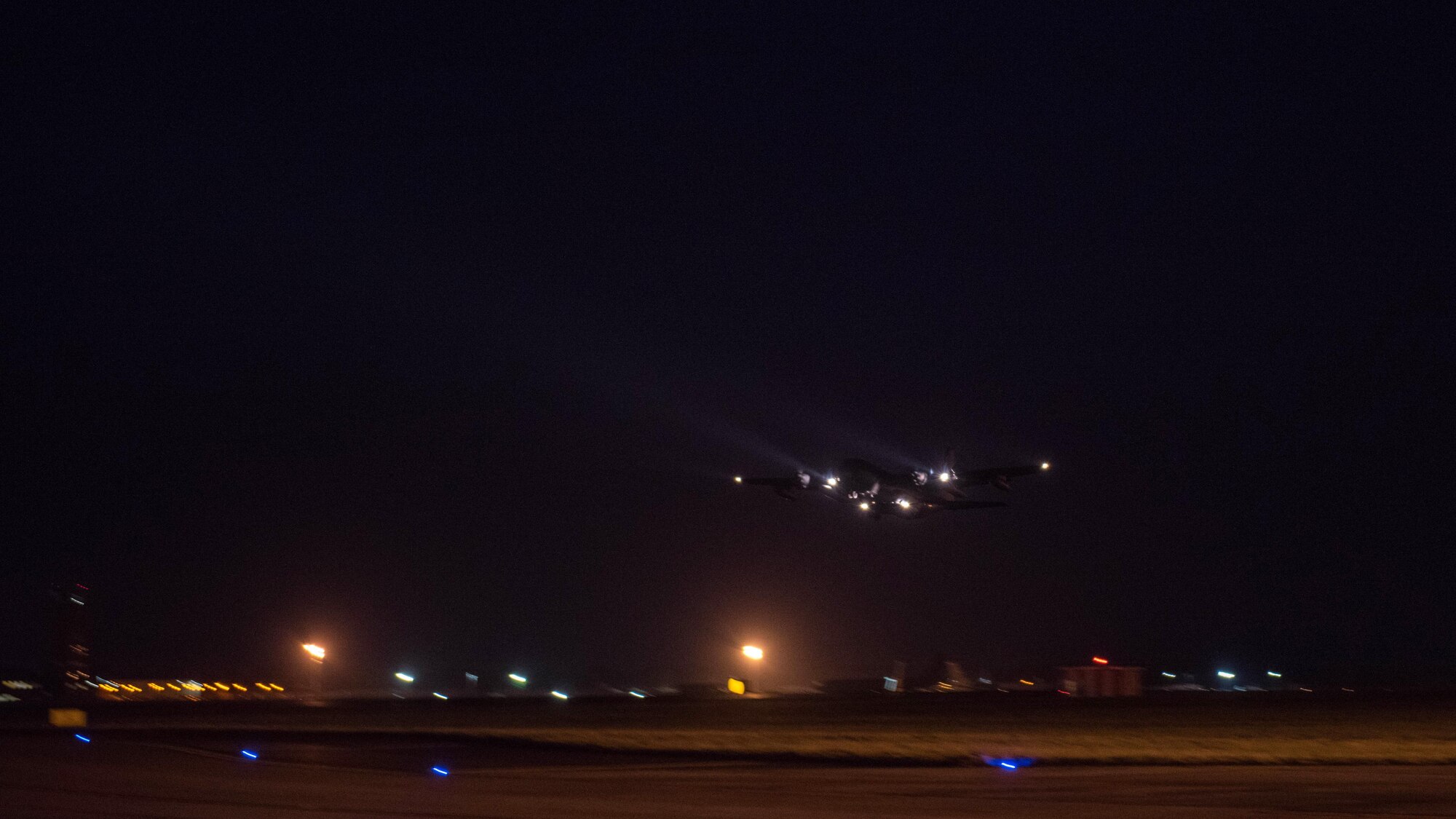 An MC-130J Commando II, assigned to the 7th Special Operations Squadron, takes off for a training mission from RAF Mildenhall, Nov. 3, 2016. The multi-role special operations aircraft primarily flies missions at night to reduce probability of visual acquisition and intercept by airborne threats. (U.S. Air Force photo by 1st Lt Chris Sullivan)