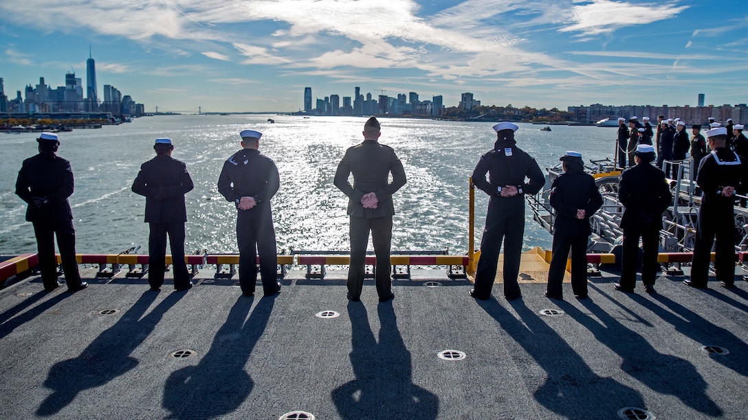 <strong>Photo of the Day: Nov. 14, 2016</strong><br/><br />Marines and sailors aboard the USS Iwo Jima stand at parade rest while manning the rails as the ship docks at Port 88 in New York City, Nov. 10, 2016. Marines assigned to 1st Battalion, 8th Marine regiment, and thousands of other service members participated in Veterans Week New York 2016. Marine Corps photo by Sgt. Anthony Mesa<br/><br /><a href="http://www.defense.gov/Media/Photo-Gallery?igcategory=Photo%20of%20the%20Day"> Click here to see more Photos of the Day. </a>