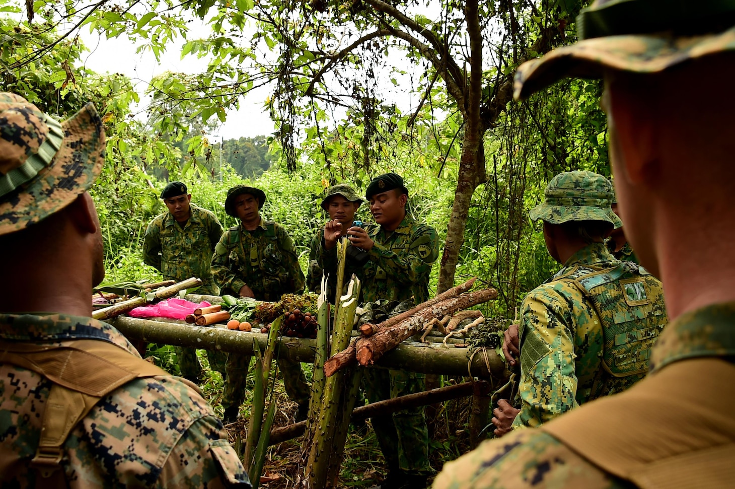 151105-N-QV906-011 BANDAR SERI BEGAWAN, Brunei (November 2, 2015) Members of the Royal Brunei Armed Forces teach members of the U.S. Marine Corps' 3rd Law Enforcement Battalion, Charlie Co., vital skills for surviving the harsh jungles of Endo-Asia during Cooperation Afloat Readiness and Training (CARAT) Brunei 2015, Nov. 5. CARAT is a series of annual, bilateral maritime exercises between the U.S. Navy, U.S. Marine Corps and the armed forces of nine partner nations to include Bangladesh, Brunei, Cambodia, Indonesia, Malaysia, the Philippines, Singapore, Thailand, and Timor-Liste.  (U.S. Navy photo by Mass Communications Specialist 1st Class Micah P. Blechner/RELEASED)