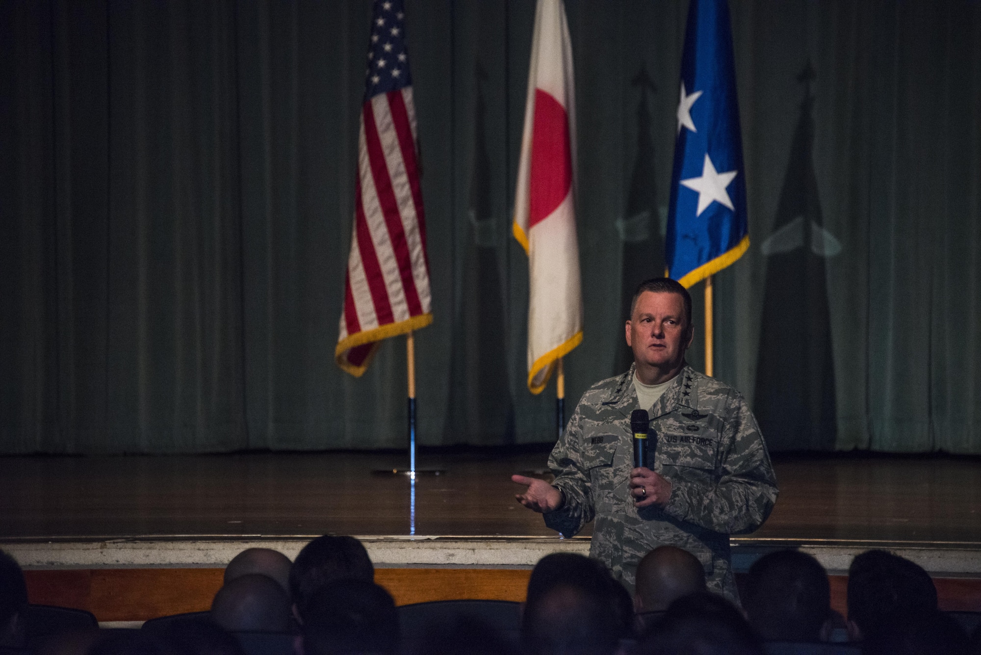 U.S. Air Force Lt. Gen. Brad Webb, commander of Air Force Special Operations Command, addresses members of the 353rd Special Operations Group at an Airman all-call, Nov. 7, 2016, at Kadena Air Base, Okinawa, Japan. As a part of his first Indo-Asia-Pacific tour since taking command, Webb took the time to meet with the Air Commandos and thank them for their service and sacrifice. (U.S. Air Force photo by Capt. Jessica Tait)