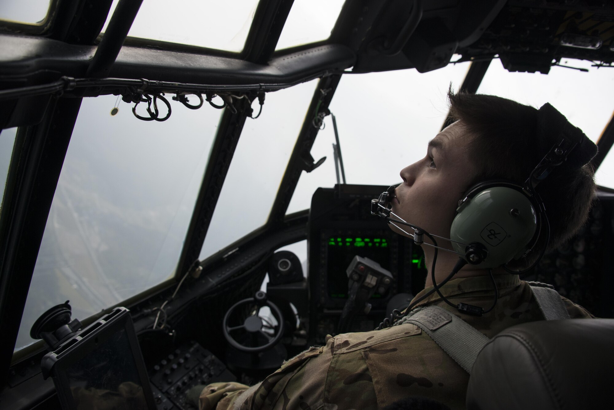 Capt. Andrew Bryant, 1st Special Operations Squadron aircraft commander, flies the MC-130H Combat Talon II during low-level air intercept (AI) training with three F-16C Fighting Falcons from the 35th Fighter Squadron at Kunsan Air Base, Oct. 19, 2016. This opportunity provided the 1st SOS and 35th FS crews with invaluable AI training. (U.S. Air Force photo by Capt. Jessica Tait)