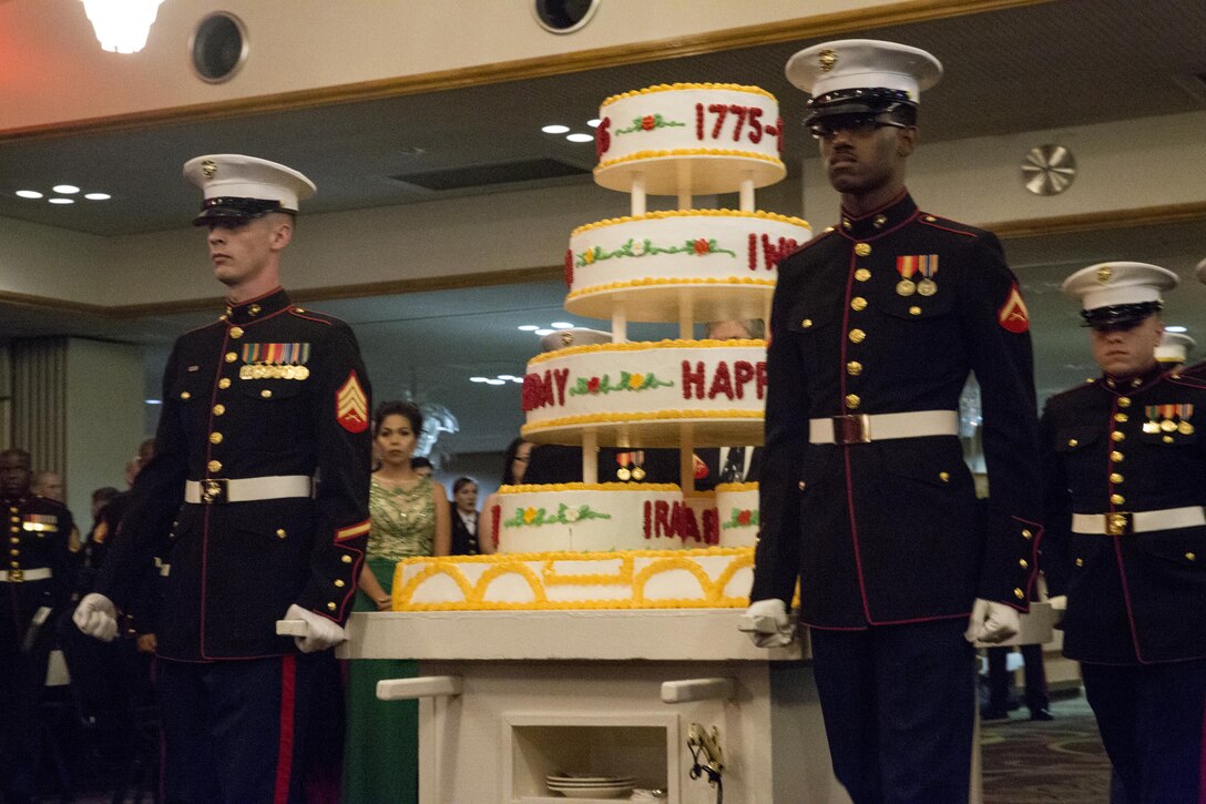 Marines assigned to the 31st Marine Expeditionary Unit participate in a Marine Corps Birthday Ball ceremony at Camp Hansen, Okinawa, Japan, Nov. 11, 2016. The Marines were celebrating the 241st birthday of the U.S. Marine Corps. (U.S. Marine Corps photo by Lance Cpl. Amy Phan, 31st Marine Expeditionary Unit/Released)