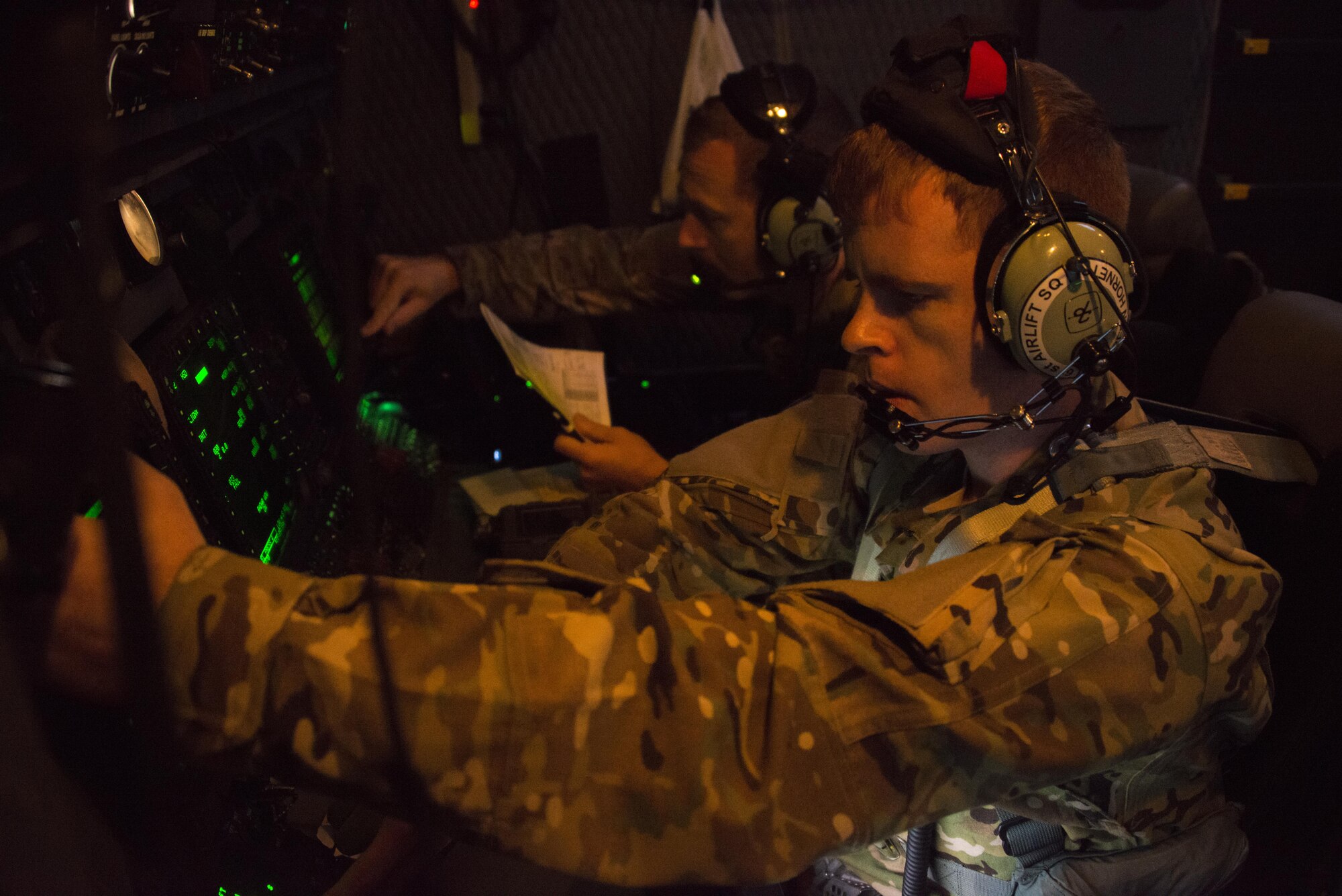 U.S. Air Force aircrews assigned to the 1st Special Operations Squadron, prepare to execute static-line drops from an MC-130H Combat Talon II. The 353rd Special Operations Group and Republic of Korea (ROK) 255th SOS conducted infiltration methods, jump clearing team operations, airfield establishment, aircraft control and close air support familiarization during Teak Knife 2016 at Kunsan Air Base, Oct. 13-26, 2016. (U.S. Air Force photo by Capt. Jessica Tait)