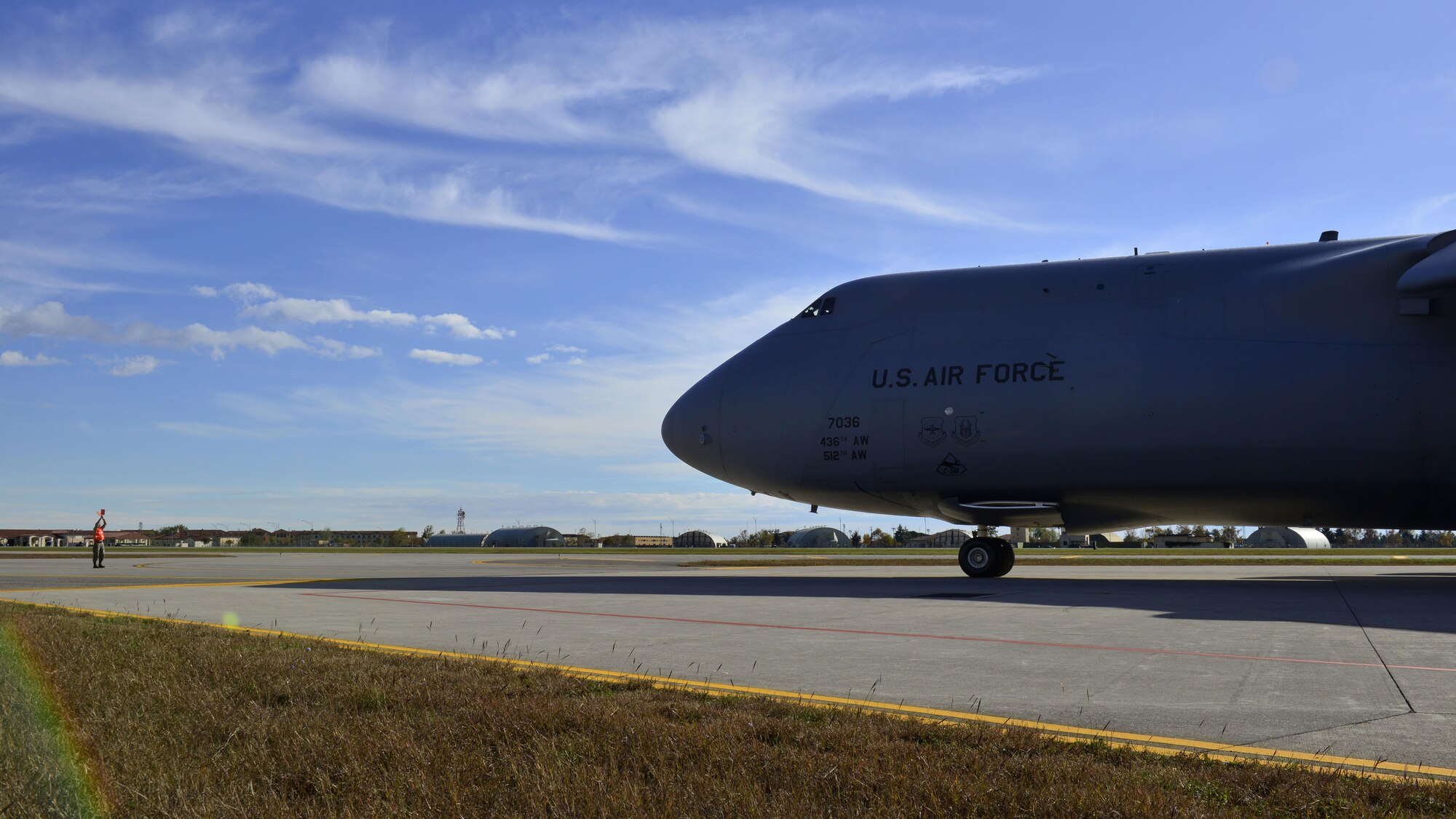 A C-5M Super Galaxy taxis into position for cargo loading at Aviano Air Base, Italy on Nov. 8, 2016. 724th Air Mobility Squadron personnel loaded all-terrain vehicles and other cargo to Iraq. (U.S. Air Force photo by Senior Airman Cary Smith)