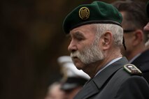 German Army Reserve Chief Bernd Quirin pauses during a German National Day of Mourning observance ceremony at the Kolmeshöhe Military Cemetery in Bitburg, Germany, Nov. 13, 2016. The day, known as Volkstrauertag in German, observes the human cost of war and was established following the conclusion of the First World War. (U.S. Air Force photo by Staff Sgt. Joe W. McFadden)