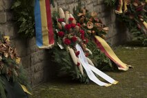 A collection of memorial wreaths remain on display during a German National Day of Mourning observance ceremony at the Kolmeshöhe Military Cemetery in Bitburg, Germany, Nov. 13, 2016. The day, known as Volkstrauertag in German, observes the human cost of war and was established following the conclusion of the First World War. (U.S. Air Force photo by Staff Sgt. Joe W. McFadden)